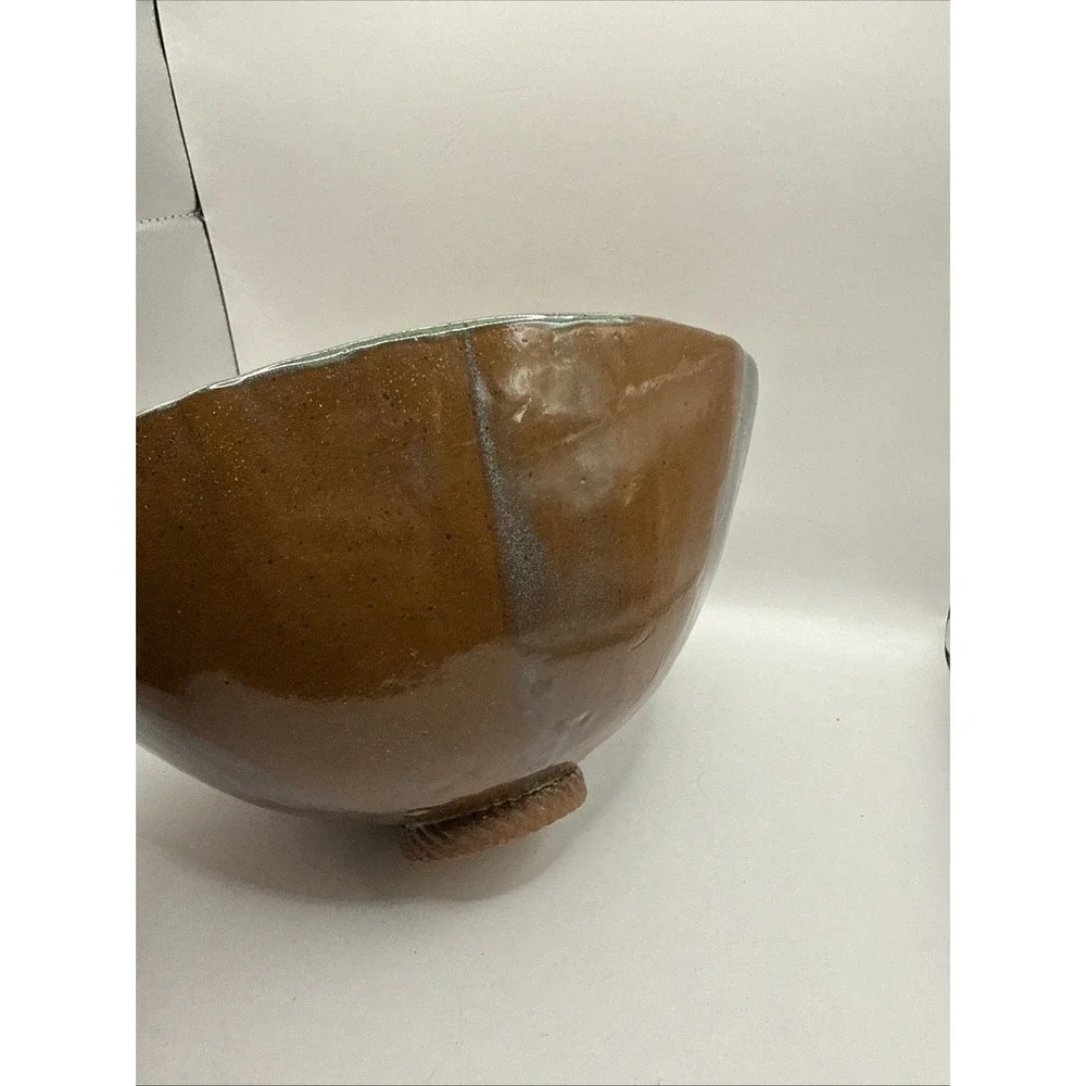 Hand Made Pottery Bowl, Artist Signed JS Blue Green Color Embossed 9.5
